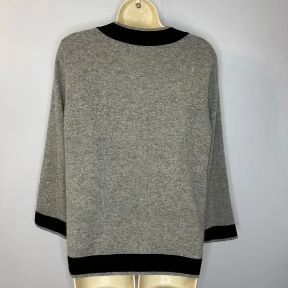 Neiman Marcus Cashmere Grey Black Trim Cardigan Sweater Feminist Luxury Womens L - Picture 6 of 9